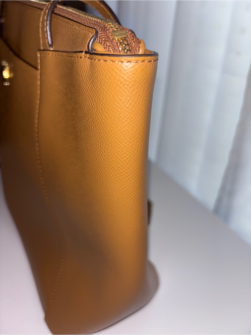 Michael Kors Cognac Saffiano Leather Tote with Logo Zip Pouch and Fur Pom - Picture 6 of 15